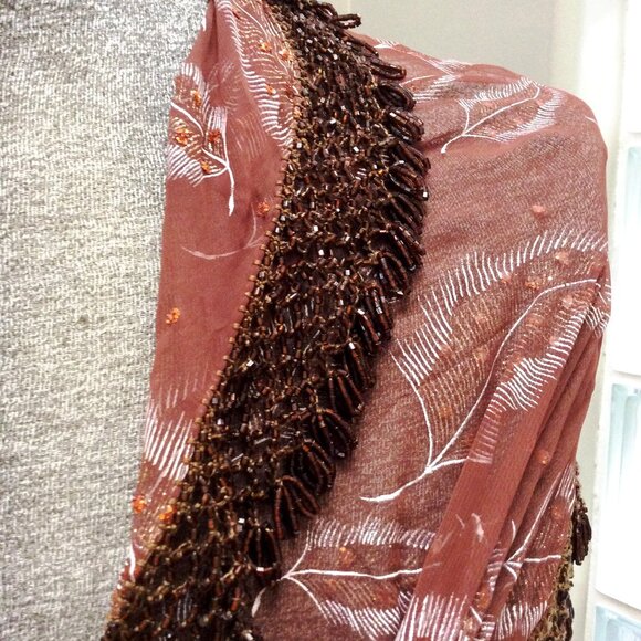 Heavy Beaded Shawl, Leaf Design, Brown Rust Color Rhinestones, Ladies Wrap Scarf - Picture 4 of 10